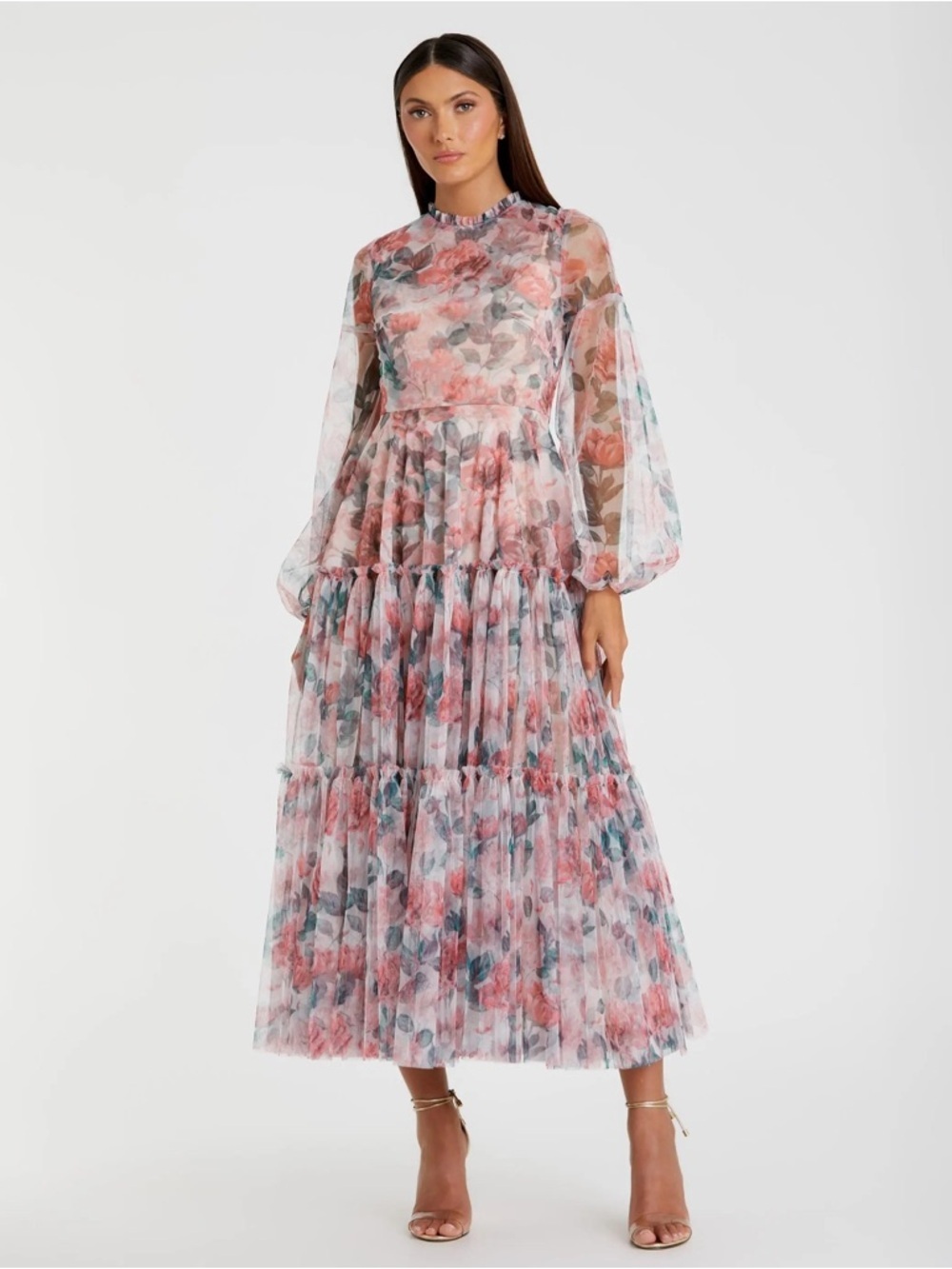 Mac Duggal 11405 Multicolor Floral High Neck Balloon Sleeve Midi Dress Size 12